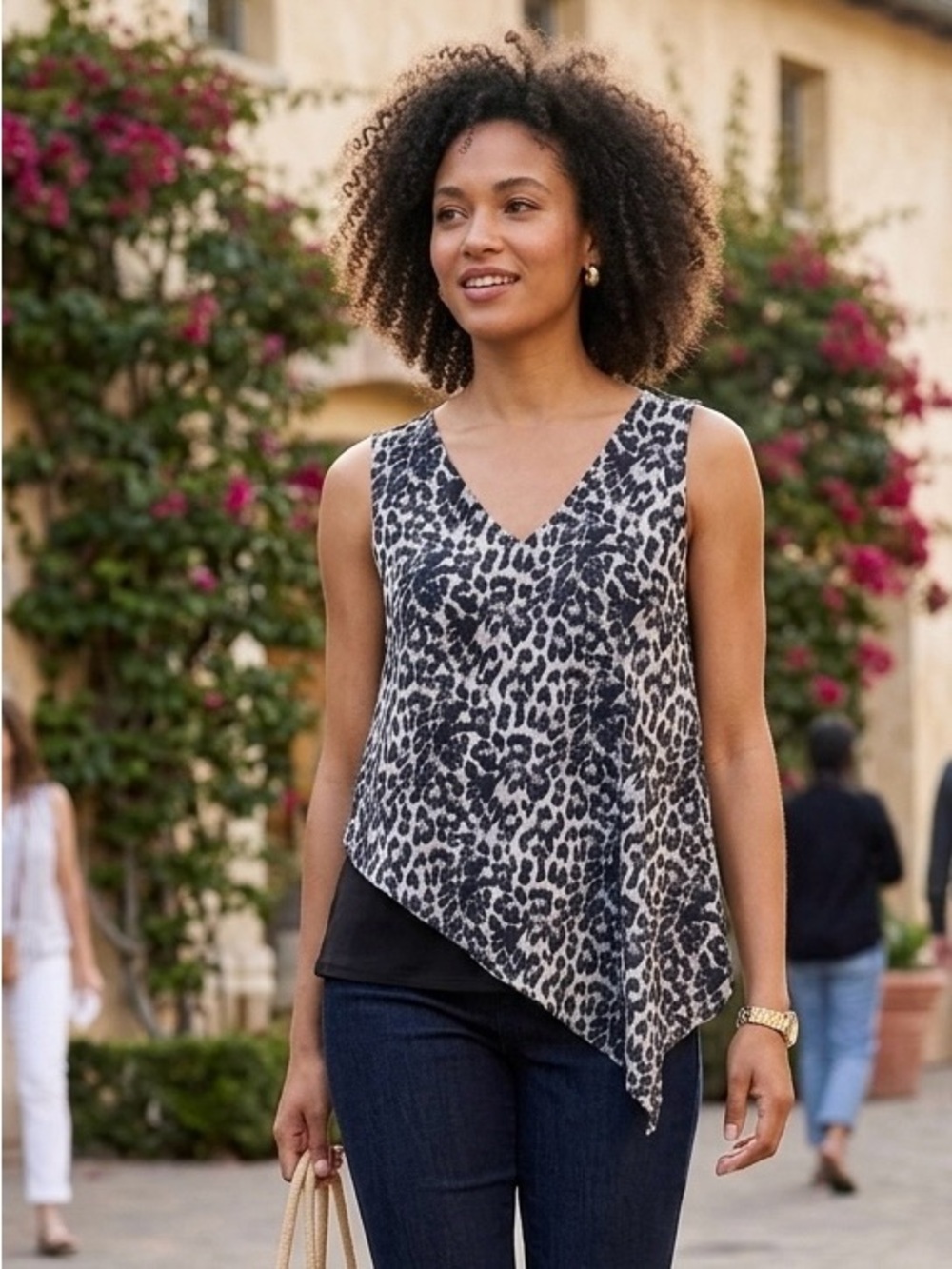 Asymmetric V-Neck Leopard Print Tiank Top - Black/White